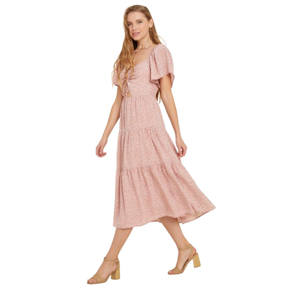 PinkBlush Dusty Rose Ditsy Floral Tiered Ruffle Midi Dress Size: M NWT - Picture 10 of 11